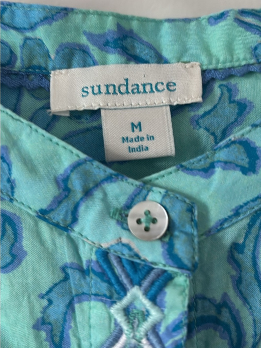 Sundance Faron Blouse Embroidered Balloon Sleeve Cotton Blue Green Medium - Picture 3 of 4